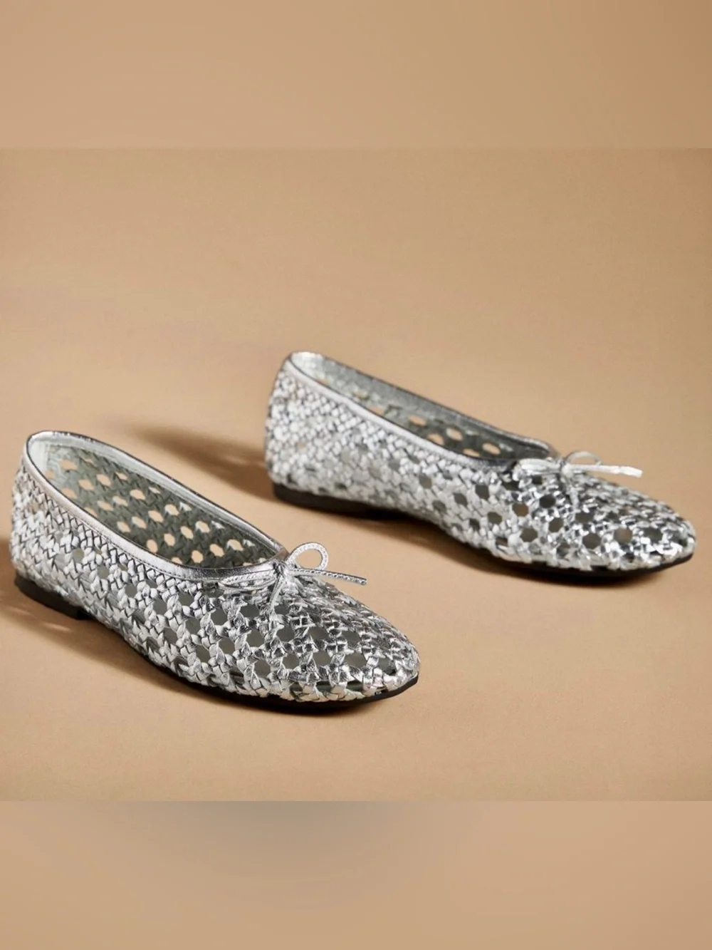 Anthropologie Pilcro Woven Ballet Flat Silver Metallic Leather Bow